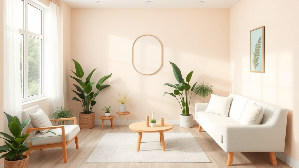 Peaceful therapy environment with soft pastel colors, comfortable seating, plants, calming ambiance, no text no words no letters