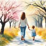 Gentle watercolor painting of parent and child walking together on peaceful path surrounded by soft flowering trees and warm sunlight no text no words no letters