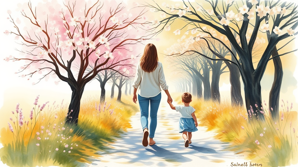 Gentle watercolor painting of parent and child walking together on peaceful path surrounded by soft flowering trees and warm sunlight no text no words no letters