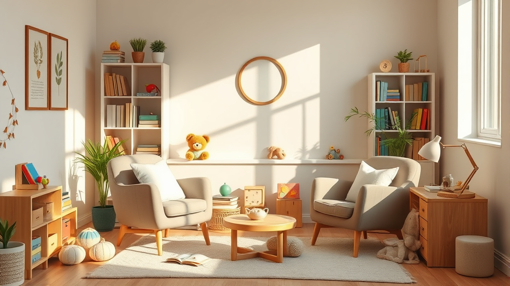 Cozy therapy office with comfortable chairs soft natural lighting and child-friendly books and toys creating welcoming atmosphere no text no words no letters