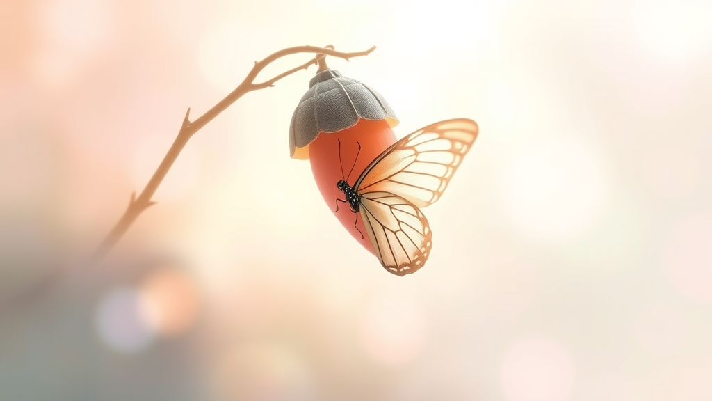 Abstract representation of growth and healing with delicate butterfly emerging from cocoon surrounded by soft pastel colors and gentle light no text no words no letters