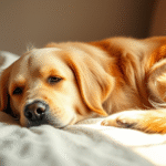 Golden retriever lying peacefully on soft blanket with warm gentle lighting creating serene healing atmosphere no text no words no letters