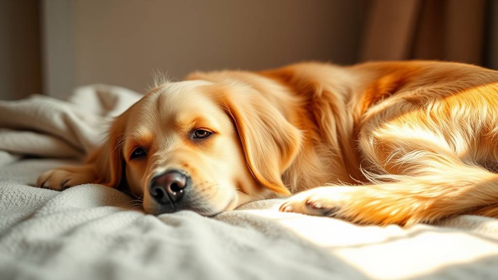 Golden retriever lying peacefully on soft blanket with warm gentle lighting creating serene healing atmosphere no text no words no letters