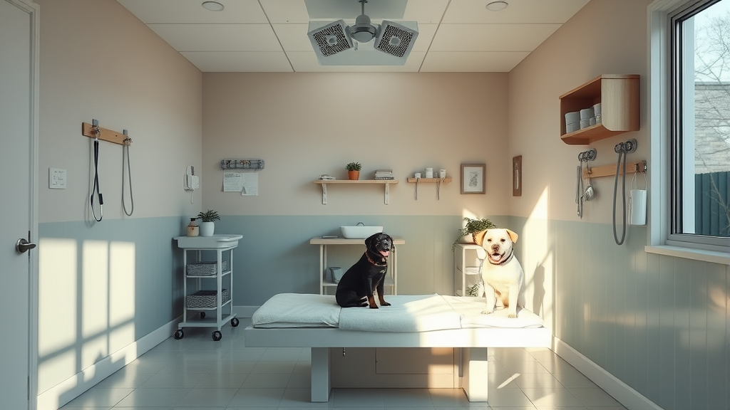 Calm veterinary treatment room with soft natural lighting peaceful environment for pet therapy no text no words no letters