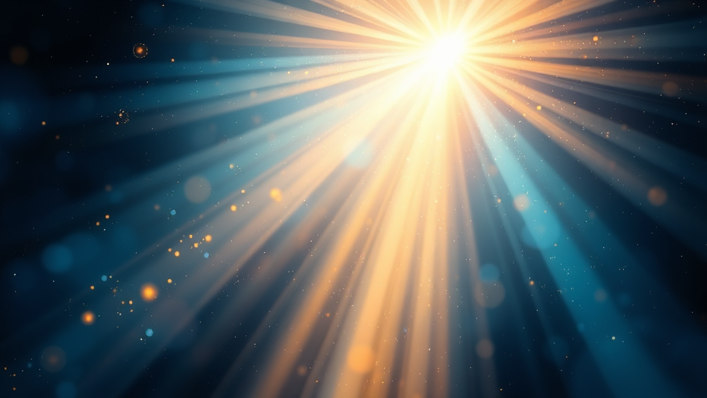 Abstract representation of healing light rays in soothing blues and golds suggesting cellular regeneration and wellness no text no words no letters