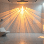 Peaceful healing environment with soft golden light rays, serene medical setting, calm atmosphere, no text no words no letters