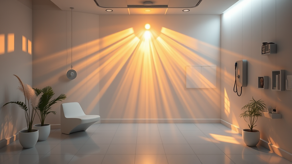 Peaceful healing environment with soft golden light rays, serene medical setting, calm atmosphere, no text no words no letters