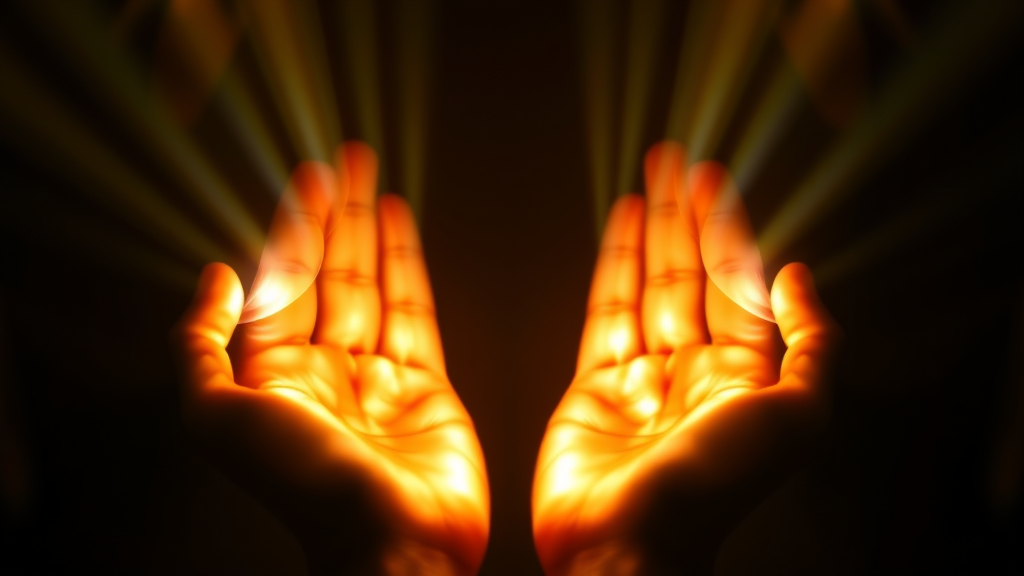 Gentle therapeutic light beams on hands, soothing warm glow, healing energy visualization, no text no words no letters