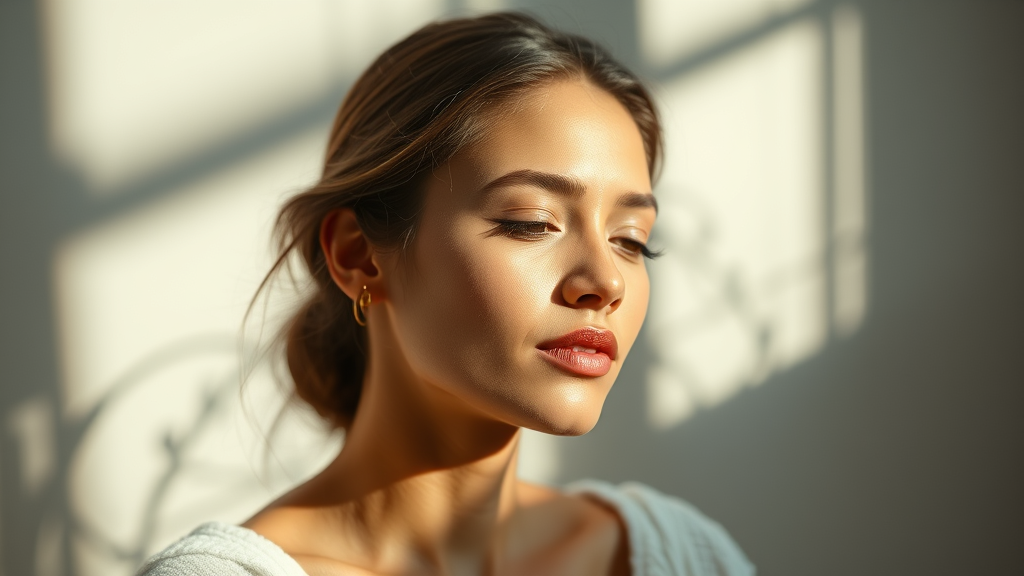 Serene woman with glowing healthy skin in soft natural lighting peaceful wellness setting no text no words no letters