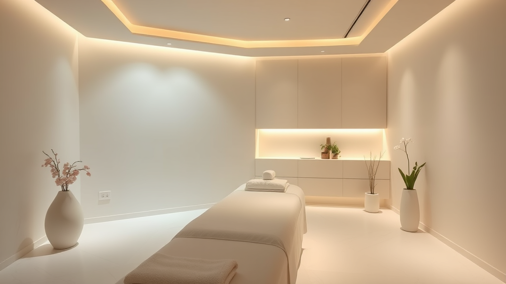 Calm minimalist medical spa treatment room with gentle lighting and healing atmosphere no text no words no letters
