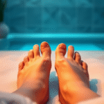 Soft natural lighting illuminating clean healthy feet in serene spa environment with calming blue tones, no text no words no letters