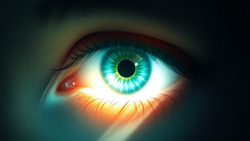 Soft natural lighting illuminating abstract eye shape with calming blue and green tones representing clarity and focus no text no words no letters
