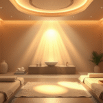Serene wellness spa room with soft warm lighting and calming atmosphere representing radiant health and vitality, no text no words no letters