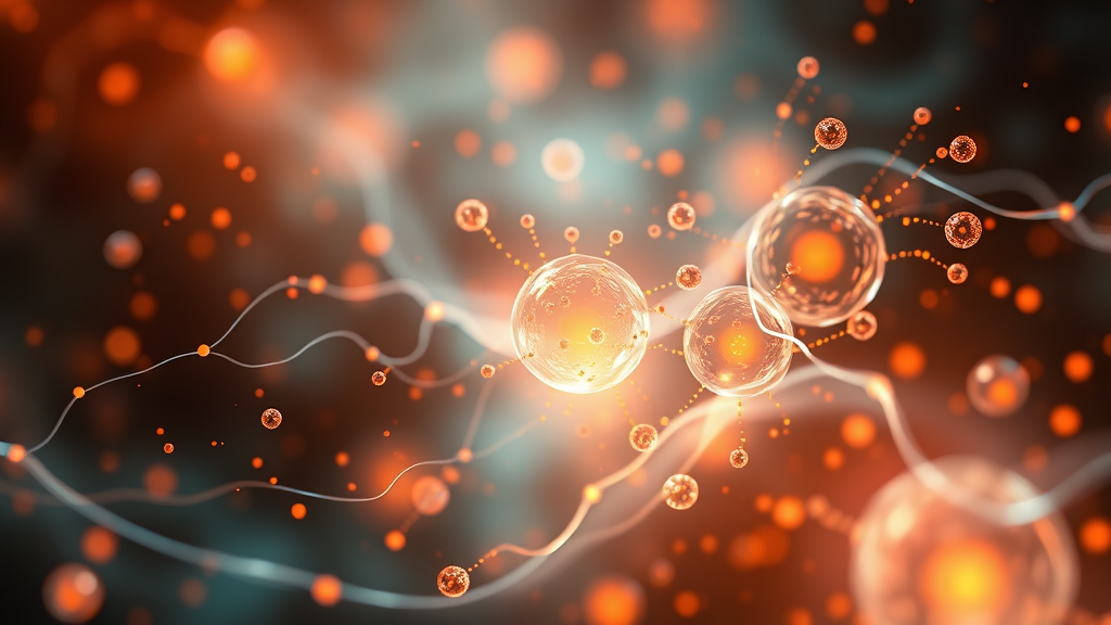 Abstract representation of cellular energy and healing with warm glowing particles and flowing light patterns, no text no words no letters