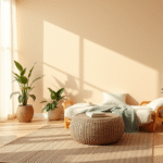 Peaceful therapy room with soft natural lighting warm earth tones comfortable seating plants creating serene healing atmosphere no text no words no letters
