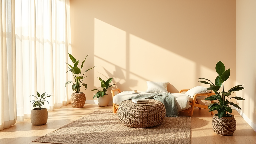 Peaceful therapy room with soft natural lighting warm earth tones comfortable seating plants creating serene healing atmosphere no text no words no letters