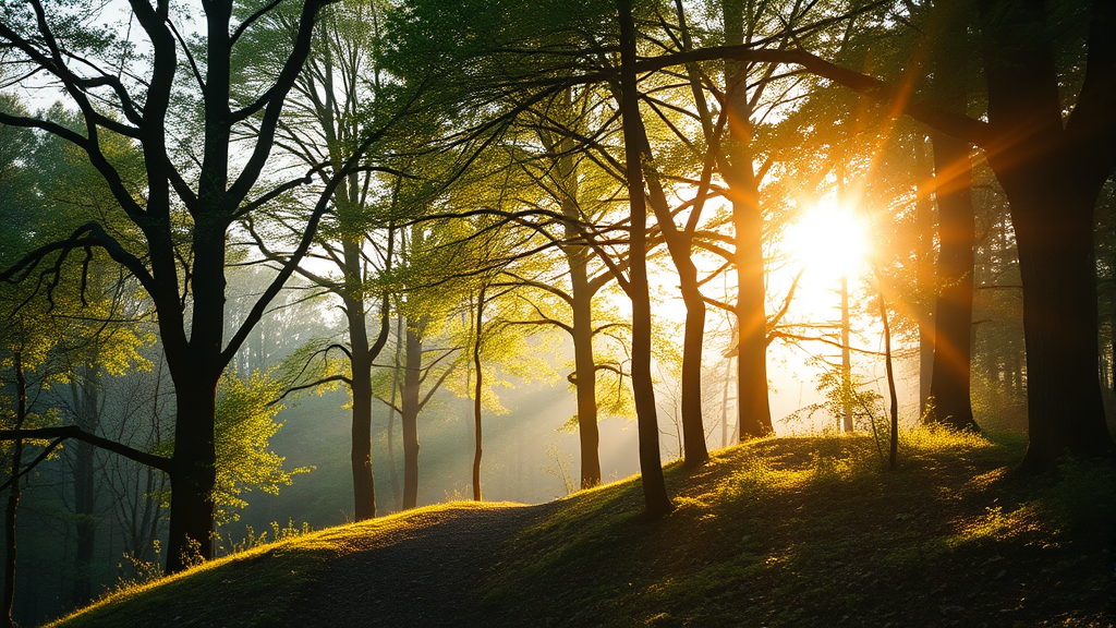 Calming nature scene with gentle sunlight filtering through trees representing hope healing and emotional wellness journey no text no words no letters
