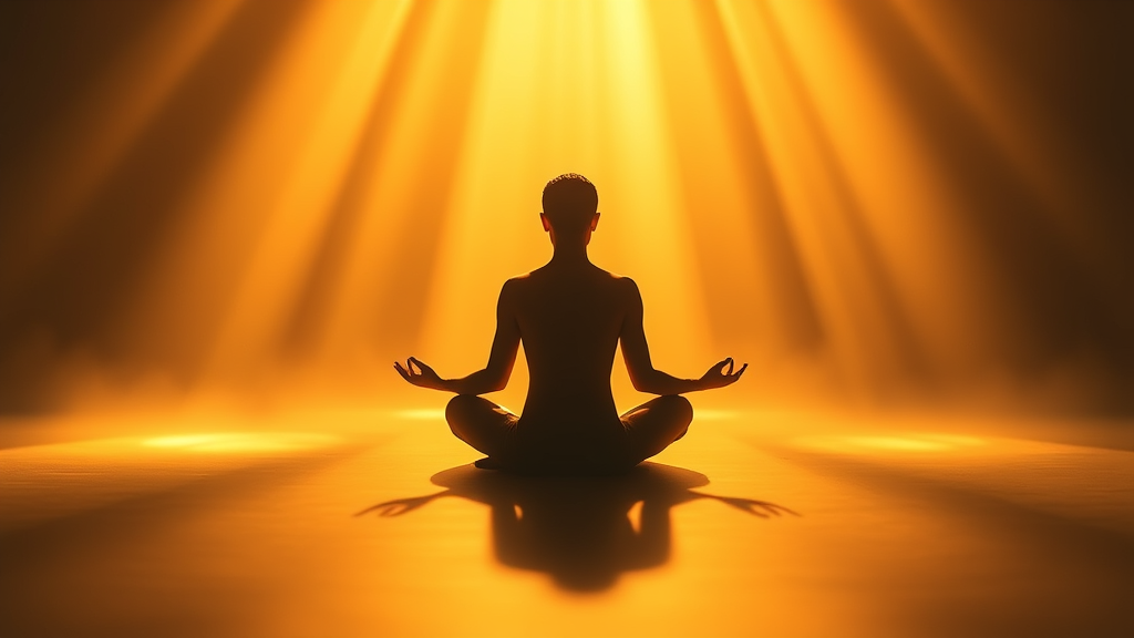 Serene person meditating surrounded by soft golden light rays gentle healing energy peaceful spiritual atmosphere no text no words no letters