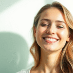 Serene woman smiling peacefully with soft natural lighting, gentle mint green tones, wellness and self care concept, no text no words no letters