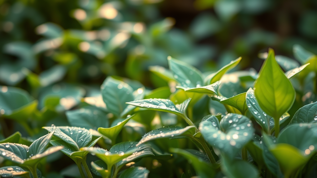 Peaceful zen garden with morning dew on leaves, soft focus natural healing elements, tranquil mint colors, no text no words no letters