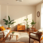 Peaceful therapy office with soft natural lighting, comfortable seating, plants, warm earth tones, calming atmosphere, no text no words no letters