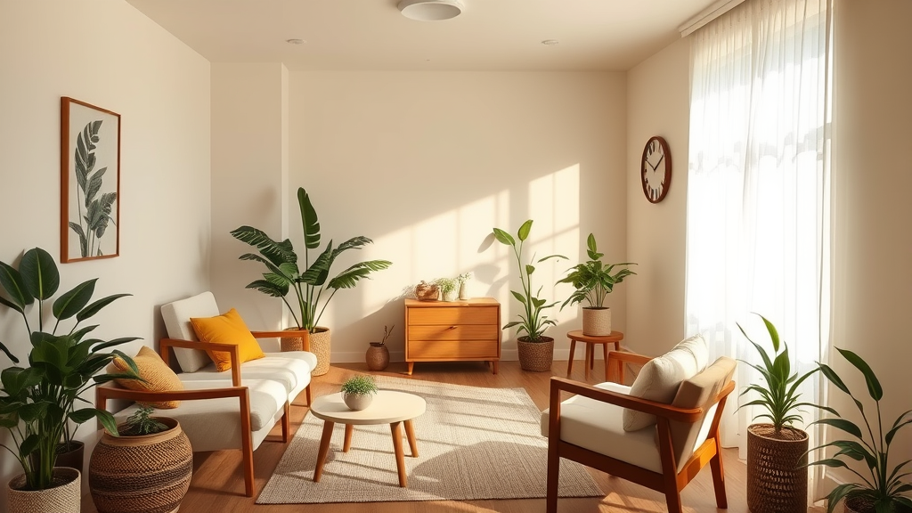 Peaceful therapy office with soft natural lighting, comfortable seating, plants, warm earth tones, calming atmosphere, no text no words no letters