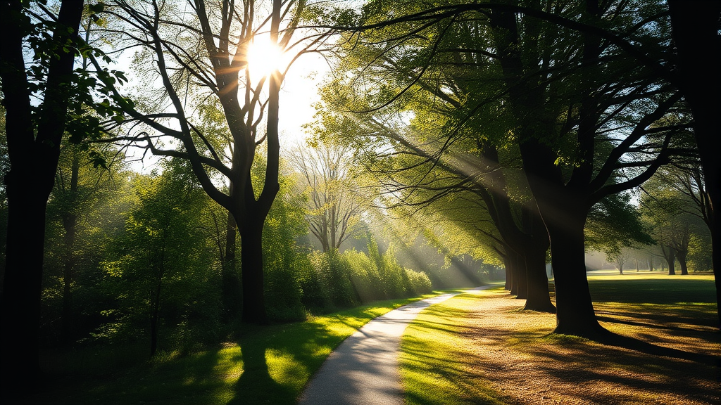 Serene nature scene with gentle sunlight filtering through trees, peaceful pathway, soft shadows, tranquil setting, no text no words no letters