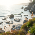 Serene coastal landscape with healing plants and soft natural lighting promoting wellness and tranquility no text no words no letters