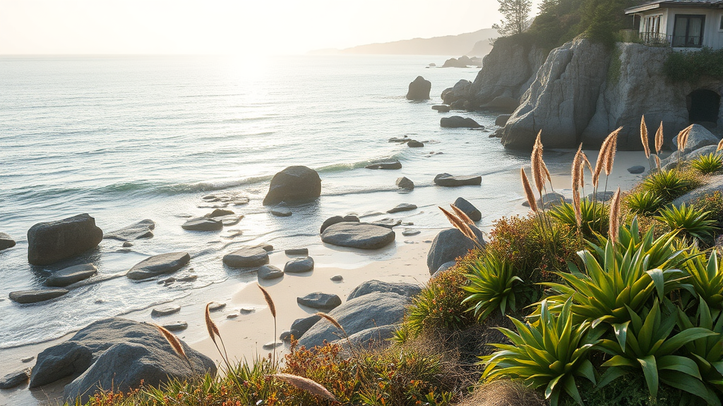 Serene coastal landscape with healing plants and soft natural lighting promoting wellness and tranquility no text no words no letters
