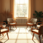 Soft morning light streaming through window onto empty therapy chairs arranged in circle, warm earth tones, peaceful counseling space, no text no words no letters