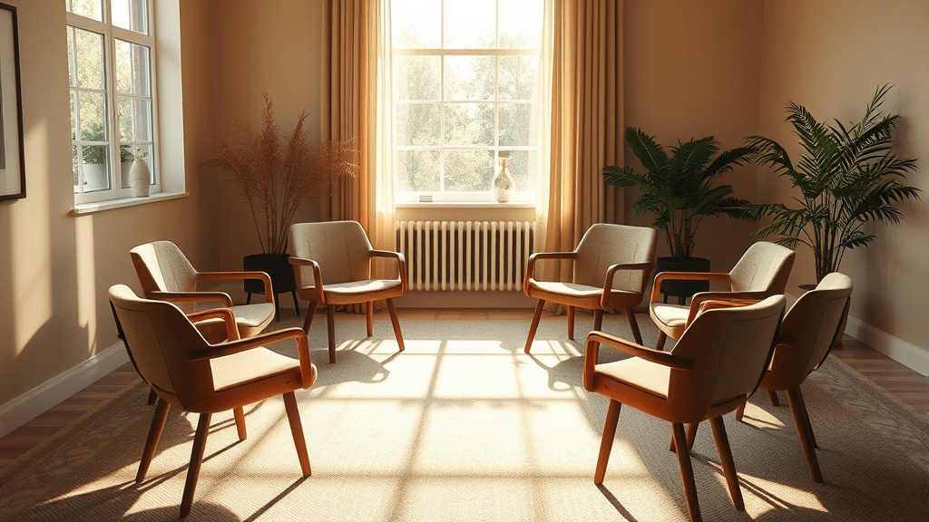 Soft morning light streaming through window onto empty therapy chairs arranged in circle, warm earth tones, peaceful counseling space, no text no words no letters