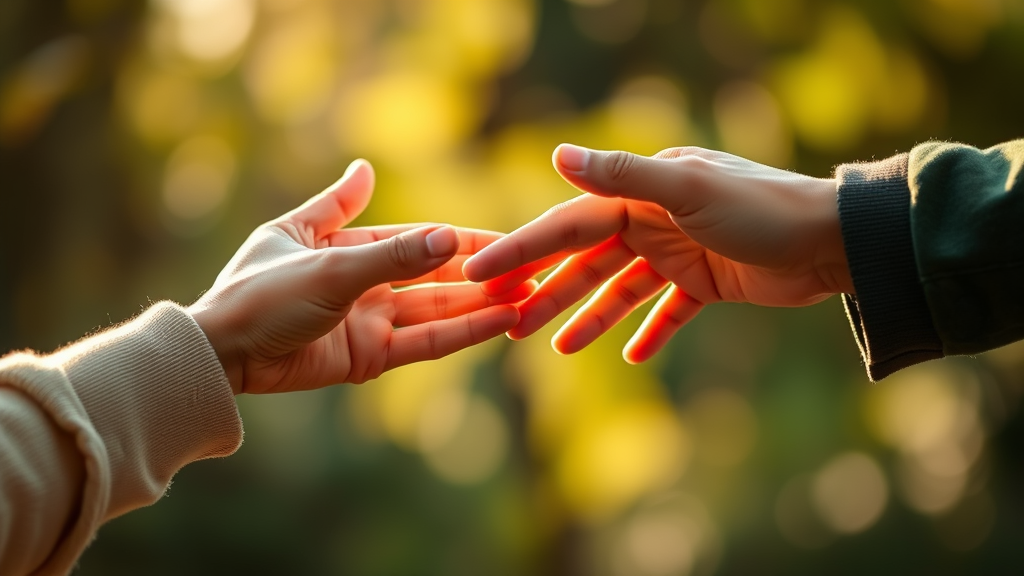Gentle hands reaching toward each other in supportive gesture, soft natural lighting, warm colors, emotional connection and healing, no text no words no letters