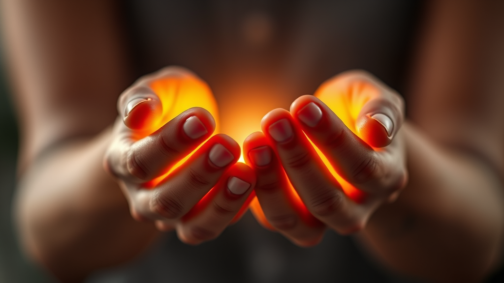 Gentle hands cupping warm glowing light representing cellular healing, soft bokeh background, wellness and recovery concept, no text no words no letters