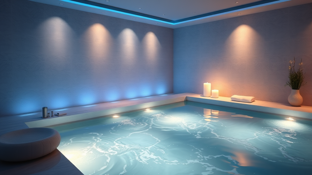 Serene wellness spa setting with soft blue lighting and flowing water elements representing lymphatic drainage and healing, no text no words no letters