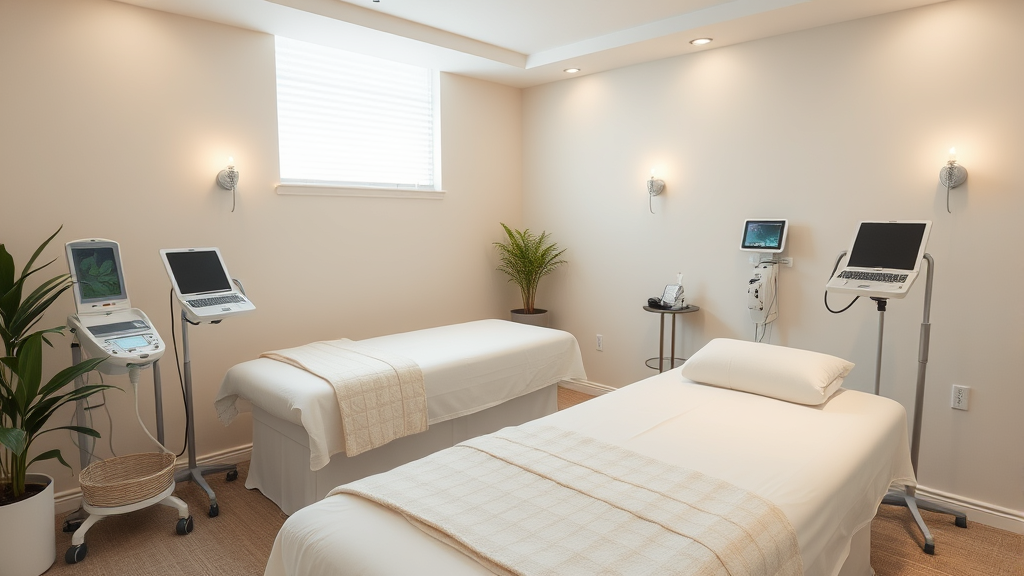 Peaceful therapy room with gentle compression devices and calming neutral tones suggesting comfort and healing, no text no words no letters