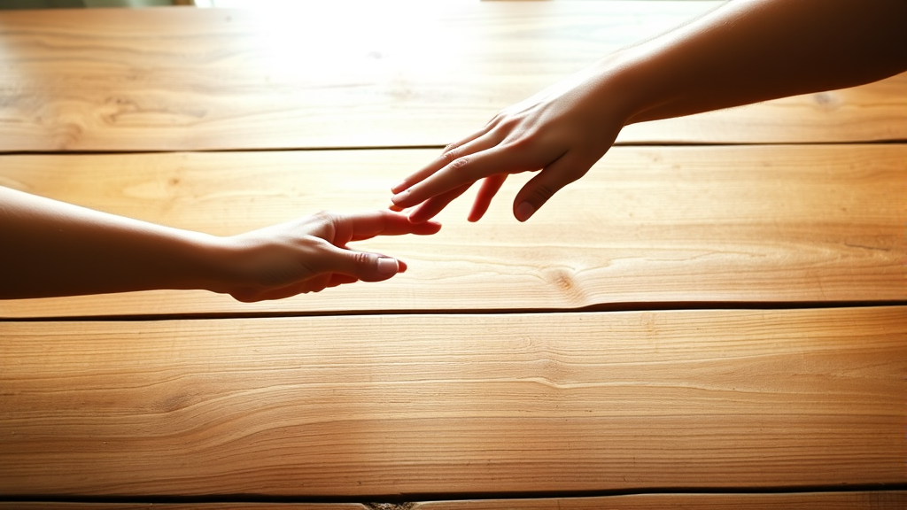 Two hands gently reaching toward each other across wooden table, soft natural lighting, symbolic of reconnection and trust, no text no words no letters