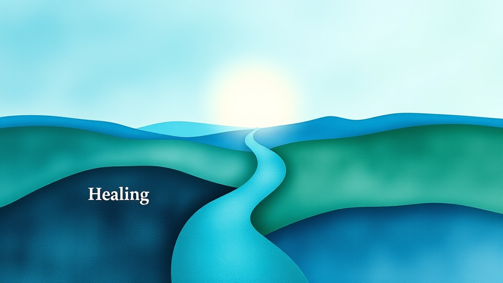 Abstract representation of healing journey, intertwined paths leading to bright horizon, calming blues and greens, peaceful resolution, no text no words no letters