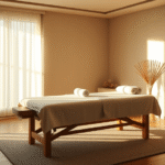 Peaceful spa setting with soft natural lighting, massage table, calming earth tones, serene wellness atmosphere, no text no words no letters