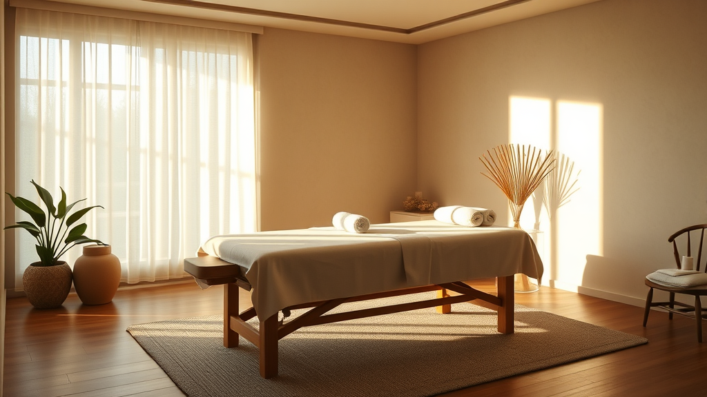 Peaceful spa setting with soft natural lighting, massage table, calming earth tones, serene wellness atmosphere, no text no words no letters