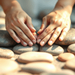 Peaceful hands gently placed on smooth stones with soft natural lighting and calming earth tones representing healing touch and wellness no text no words no letters