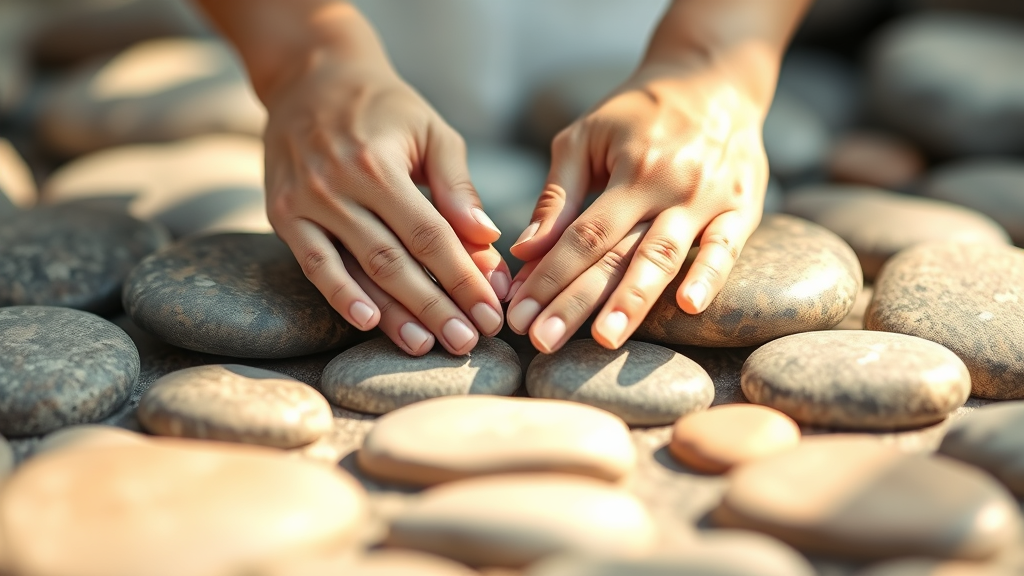 Peaceful hands gently placed on smooth stones with soft natural lighting and calming earth tones representing healing touch and wellness no text no words no letters
