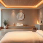 Serene spa setting with soft lighting and calming colors representing wellness and therapeutic massage environment no text no words no letters
