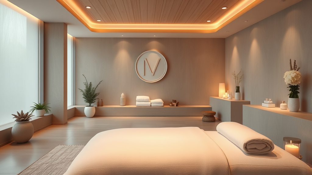 Serene spa setting with soft lighting and calming colors representing wellness and therapeutic massage environment no text no words no letters