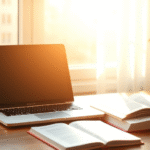 Warm sunlight streaming through window onto open laptop and therapy books on wooden desk, soft natural lighting, peaceful home study environment, no text no words no letters