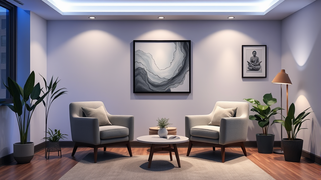 Serene therapy office setting with comfortable chairs facing each other, soft ambient lighting, plants and calming artwork, professional yet welcoming atmosphere, no text no words no letters