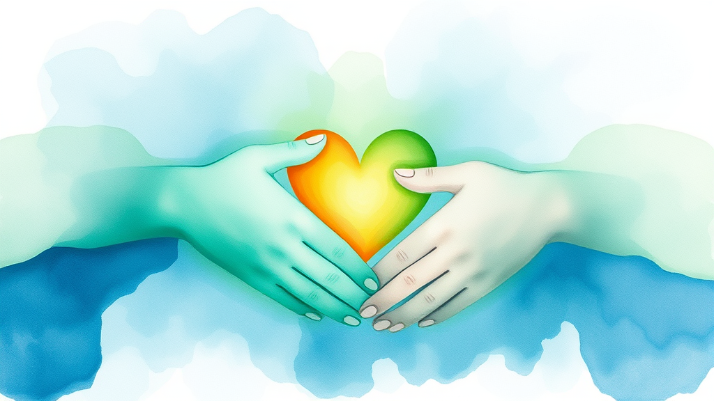 Abstract representation of connected hearts and hands in gentle watercolor style, flowing organic shapes in calming blues and greens, emotional healing concept, no text no words no letters