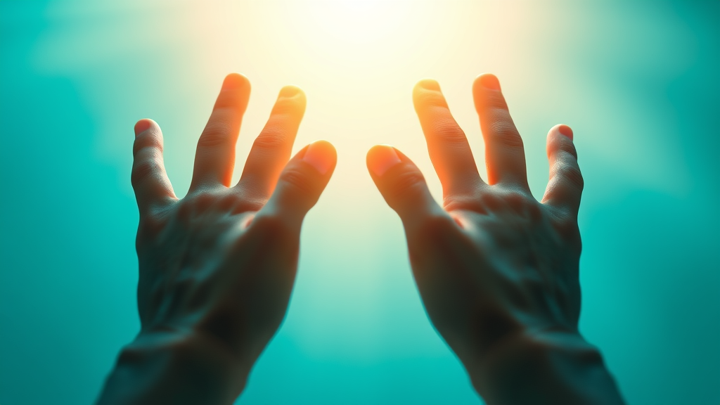 Soft natural lighting illuminating open hands reaching toward light, symbolizing potential and growth, calming blue and green tones, serene atmosphere, no text no words no letters