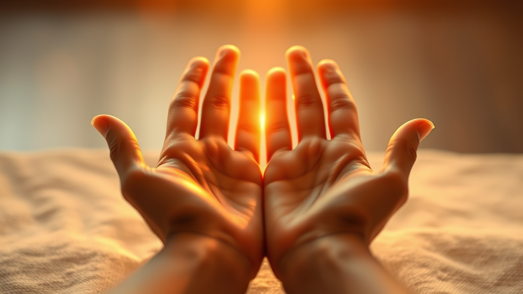 Gentle hands offering support and healing light, warm golden tones, peaceful therapy environment, soft focus, no text no words no letters