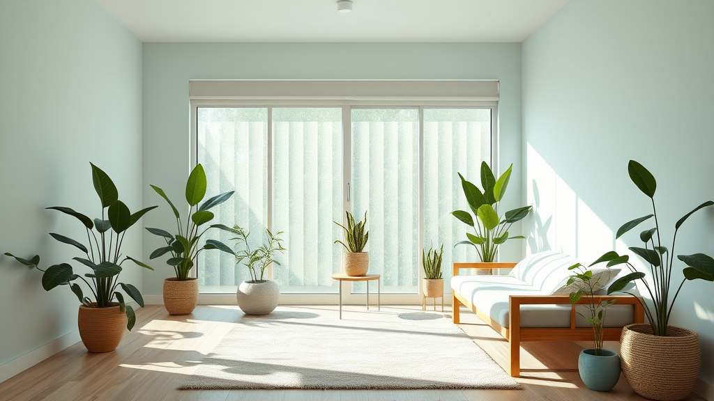 Serene therapy room with natural lighting, healing plants, comfortable treatment space, calming blues and greens, no text no words no letters