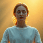 Serene person meditating with soft golden light, peaceful expression, calming blues and greens, wellness concept, no text no words no letters